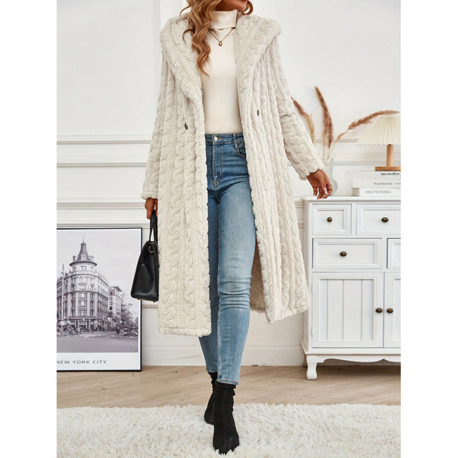 Fashion Long Solid Color Long Sleeve Hooded Wool Women's Coat Hover Image