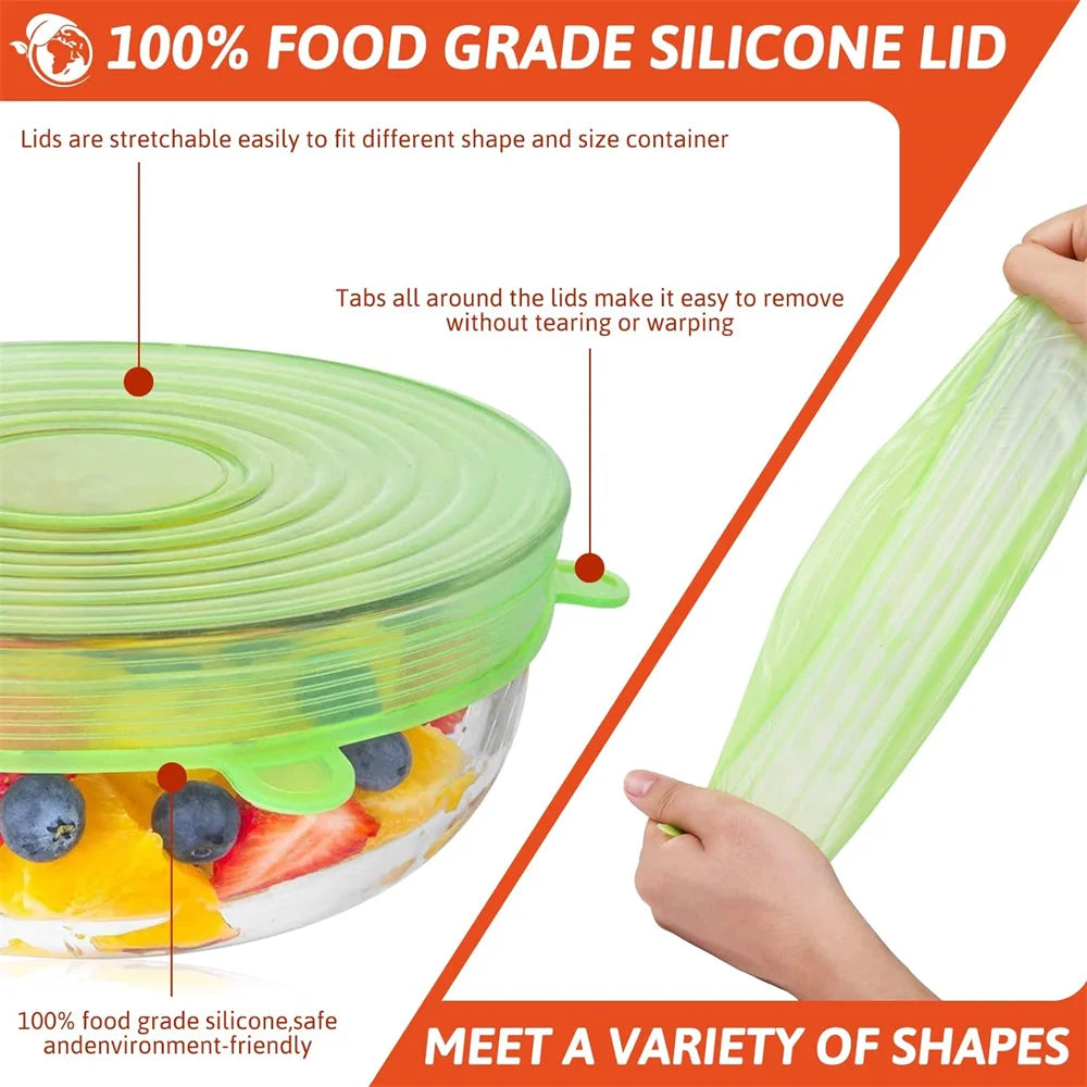 6Pcs Reusable Silicone Stretch Lids for fit bowls, cups, fruits & more.