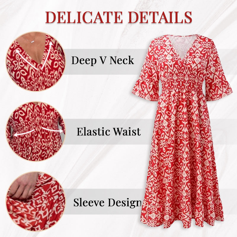 💖LAST DAY SALE 50% OFF💖Bohemian Casual Print V-neck Waist Wrap Long Dress
